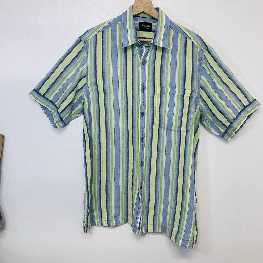Indigo Palms Linen Short Sleeve Shirt Men‎ Medium Striped Vacation Resortwear
